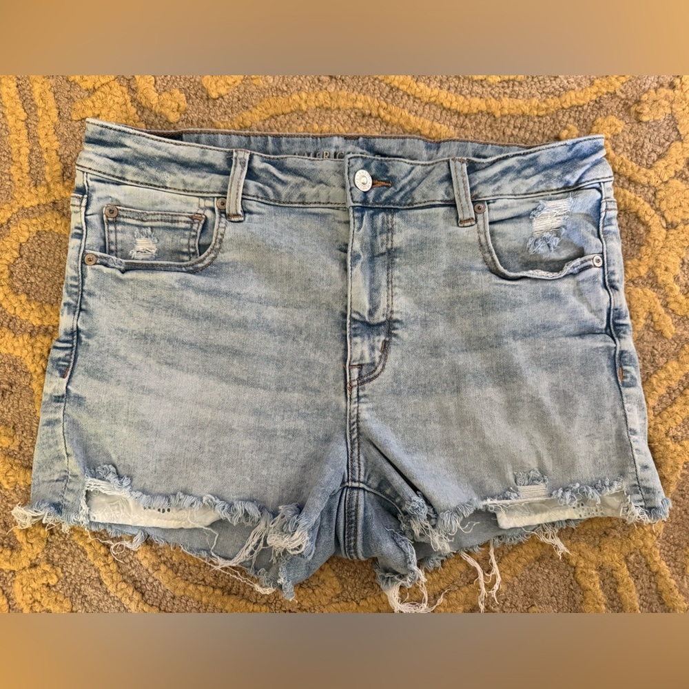 American Eagle Outfitters Size 14 Blue High Rise Shortie Distressed Jean Shorts